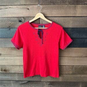 Vintage 90s Red Embroidered Tie Neck Folk Top